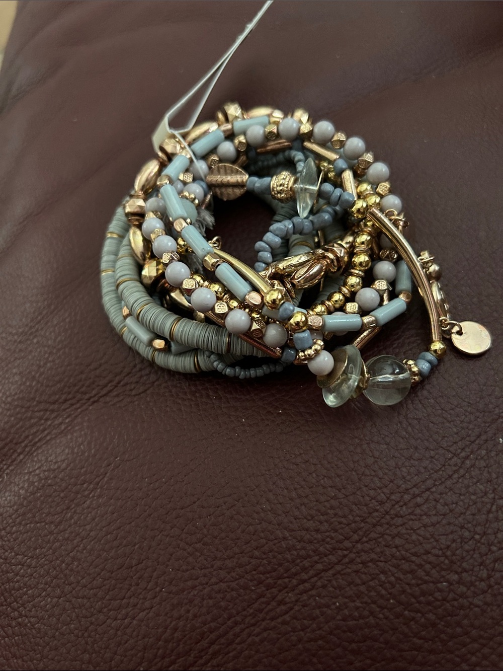 Gold and Pale Blue Beaded Women's Bracelet Stack
